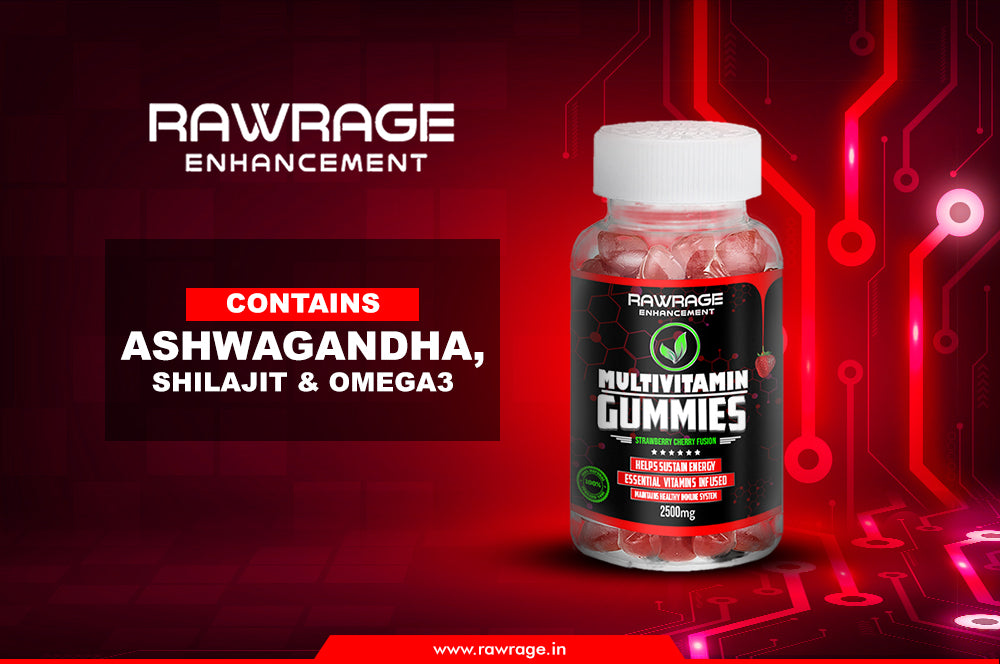 Rawrage Multivitamin & Test Booster infused Gummies | 60 Gummies | Contains Omega 3 & Zinc | Strawberry Cherry Fusion